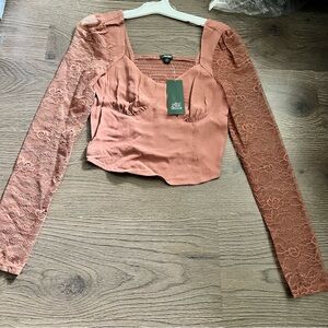 Wild Fable Women's Brown Lace Sleeve Top